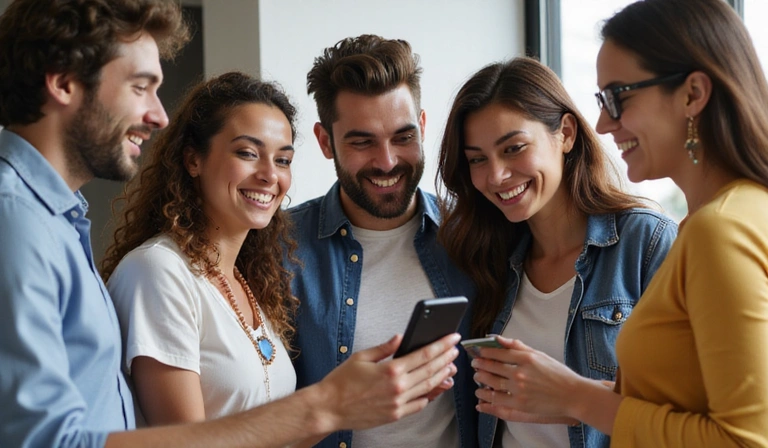 A group of diverse people smiling and looking at a smartphone, symbolizing smart savings and community.