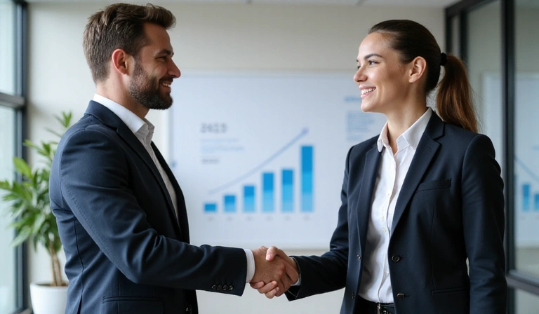 Two business people shaking hands, symbolizing successful partnership, with digital elements in background.