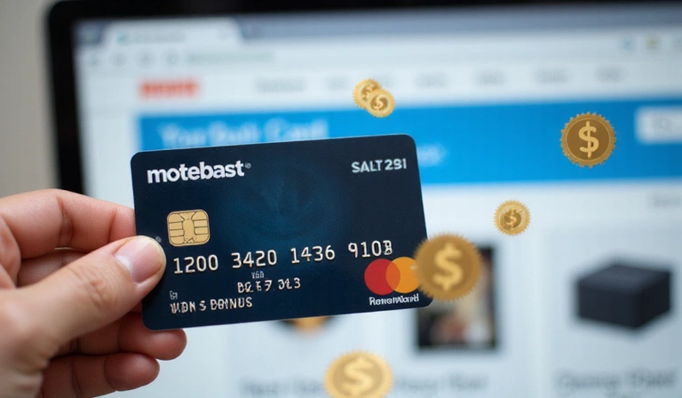 A person holding a credit card with various cashback icons floating around it, representing cashback offers and rewards.