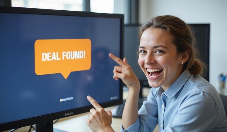 A person happily pointing to a computer screen displaying a 'deal found' notification, symbolizing successful deal hunting.