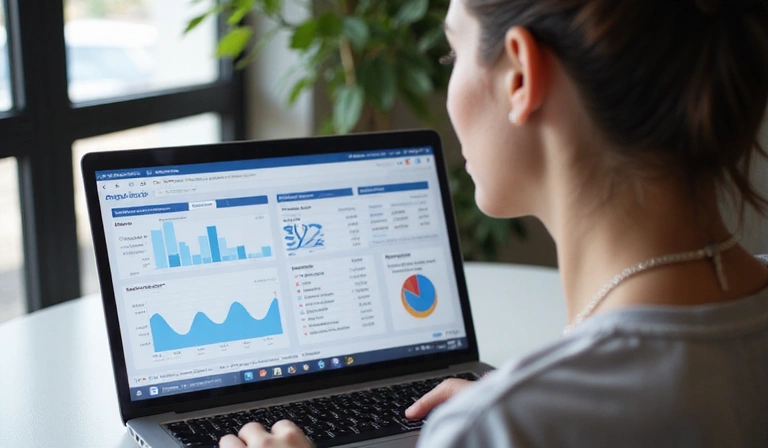 A person looking at a laptop with various financial charts and graphs on the screen, representing online savings strategies.