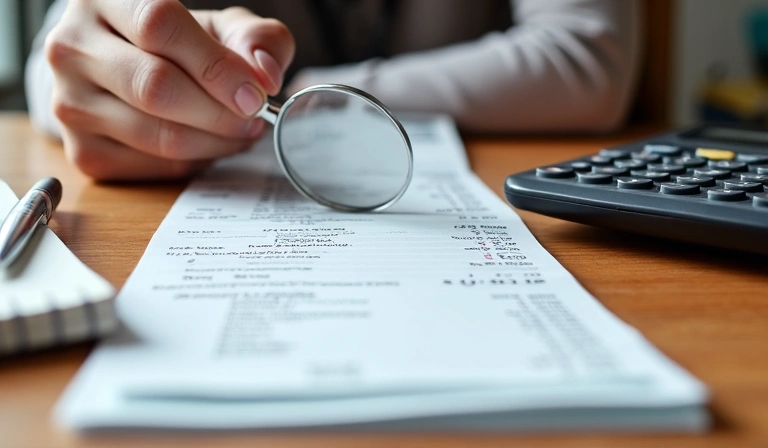 A person examining a receipt with a magnifying glass and a calculator, symbolizing smart budgeting and financial planning.