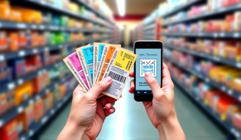Hands holding multiple colorful coupons and a smartphone with a shopping app, illustrating how to combine coupons for extra savings.