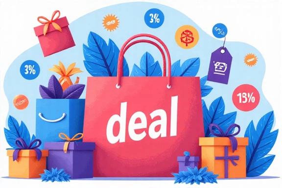 Illustration of various shopping items and discount tags representing great deals.